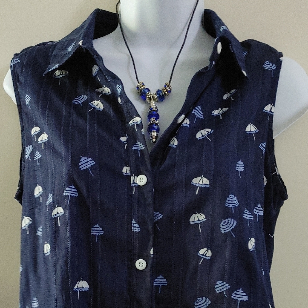 Nine West Blue Sleeveless Button Down Shirt